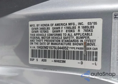 2005 Honda Civic Lx from USA, damaged, VIN 1HGEM21575L044052
